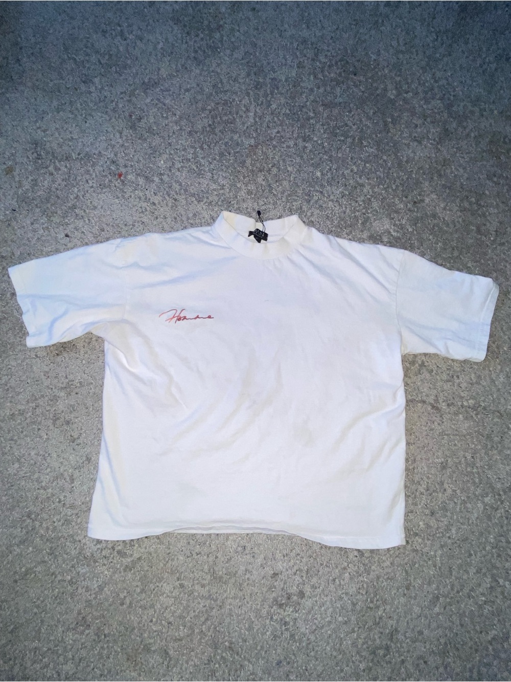 IMAN White Short Sleeve Tee with Red Script Logo